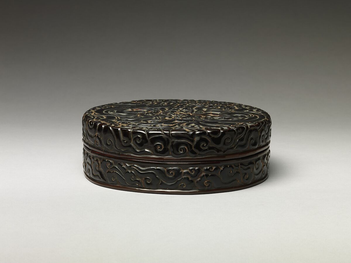 Box with chi dragons amid clouds, Carved black, red, and yellow lacquer, China