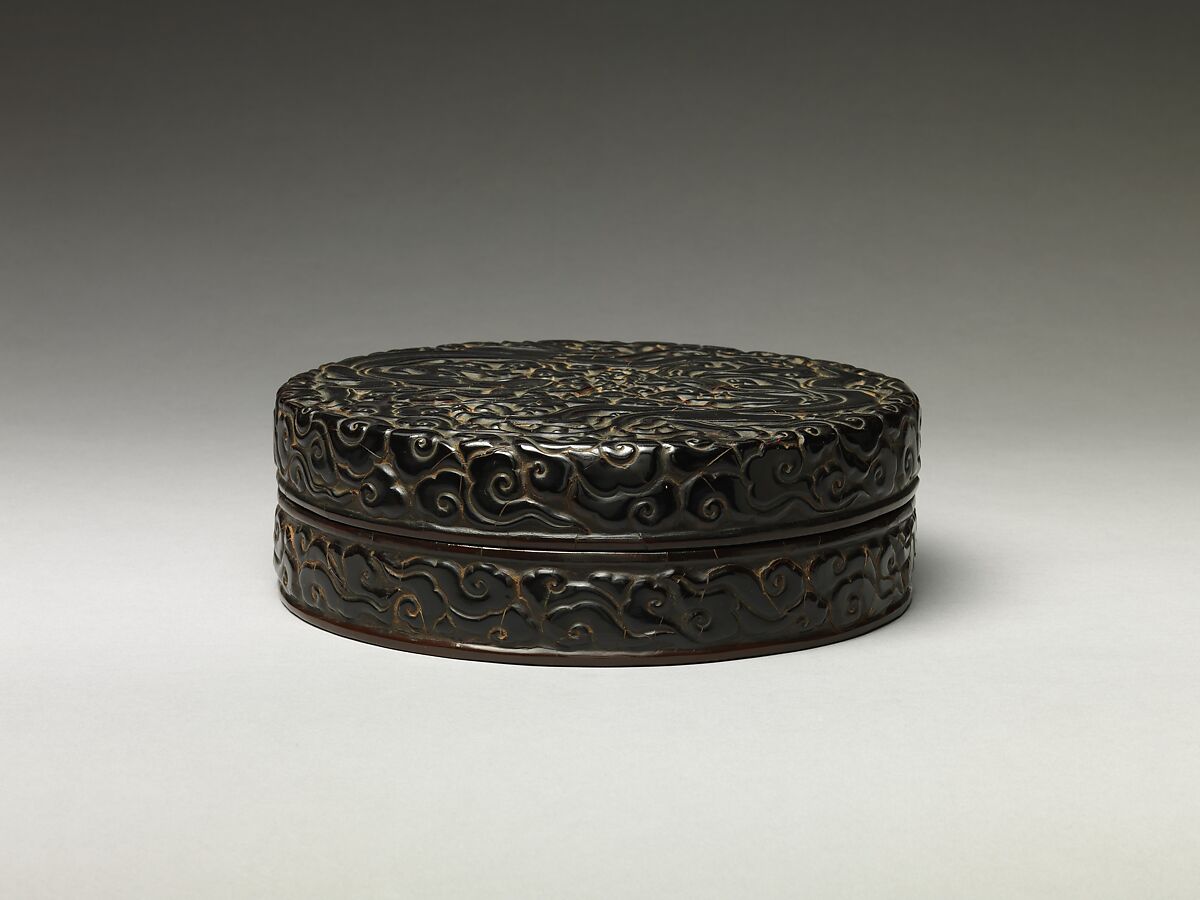Box with chi dragons amid clouds, Carved black, red, and yellow lacquer, China