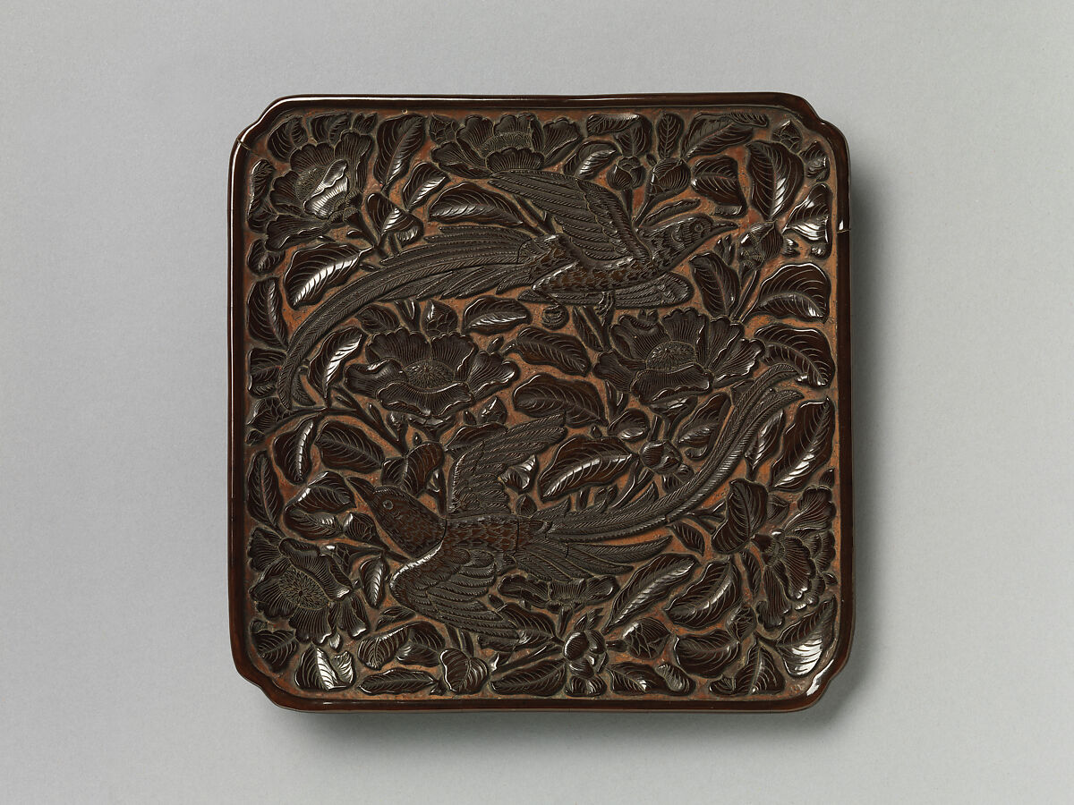 Square dish with long-tailed birds and camellias, Carved black lacquer, China 