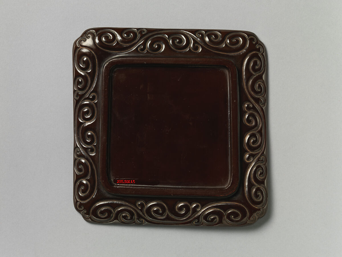 Square dish with long-tailed birds and camellias, Carved black lacquer, China