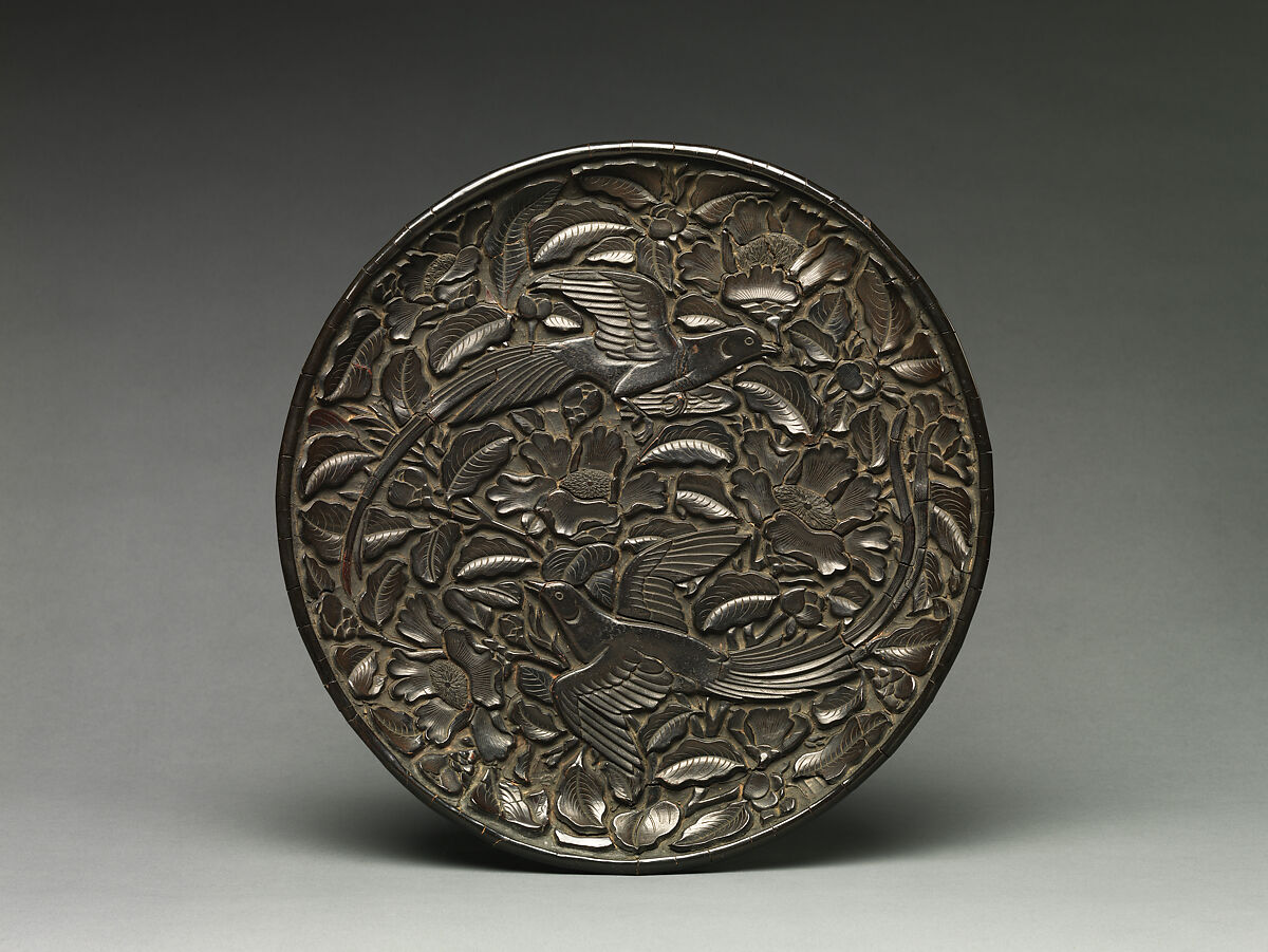 Dish with long-tailed birds and flowers, Carved black lacquer, China 