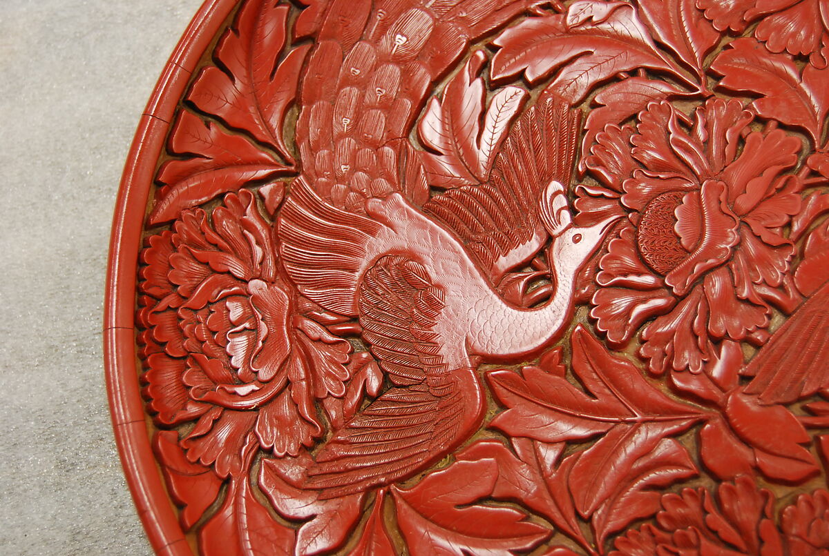 Dish with peafowls and peonies, Carved red lacquer, China