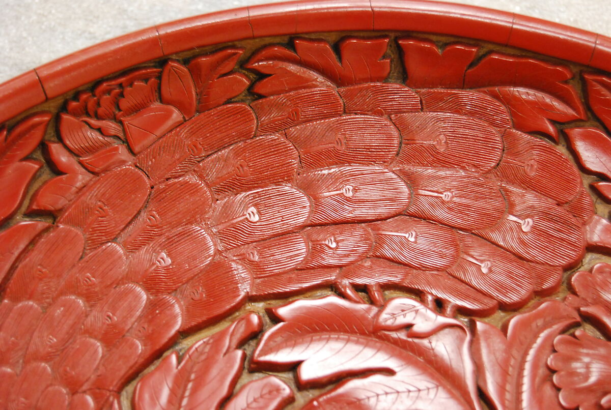 Dish with peafowls and peonies, Carved red lacquer, China