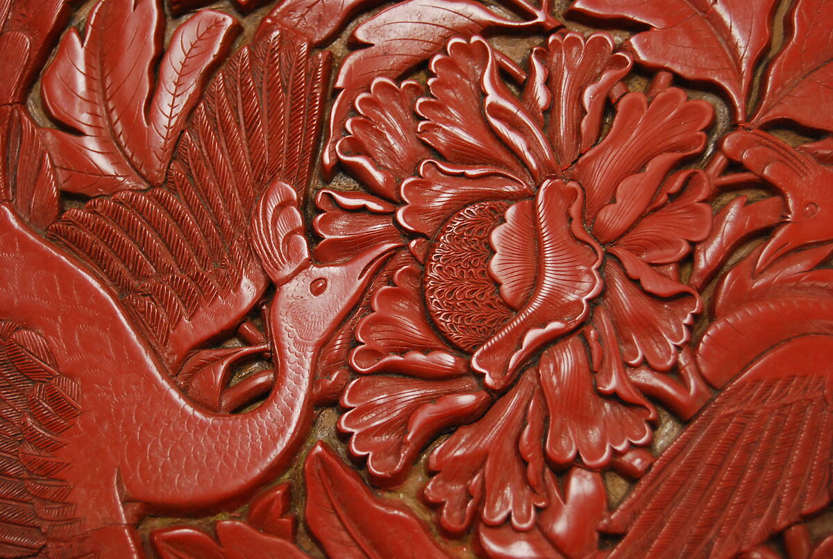Dish with peafowls and peonies, Carved red lacquer, China