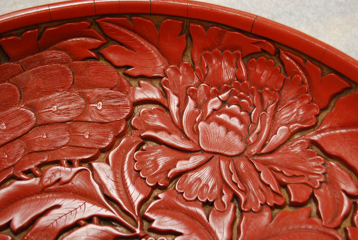 Dish with peafowls and peonies, Carved red lacquer, China
