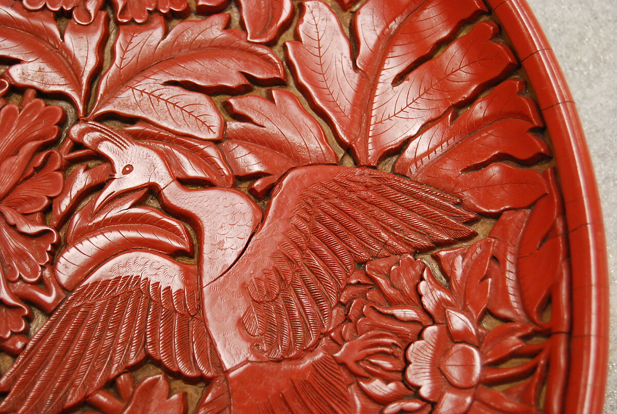 Dish with peafowls and peonies, Carved red lacquer, China