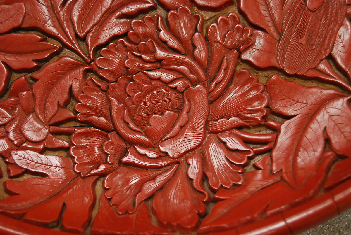 Dish with peafowls and peonies, Carved red lacquer, China