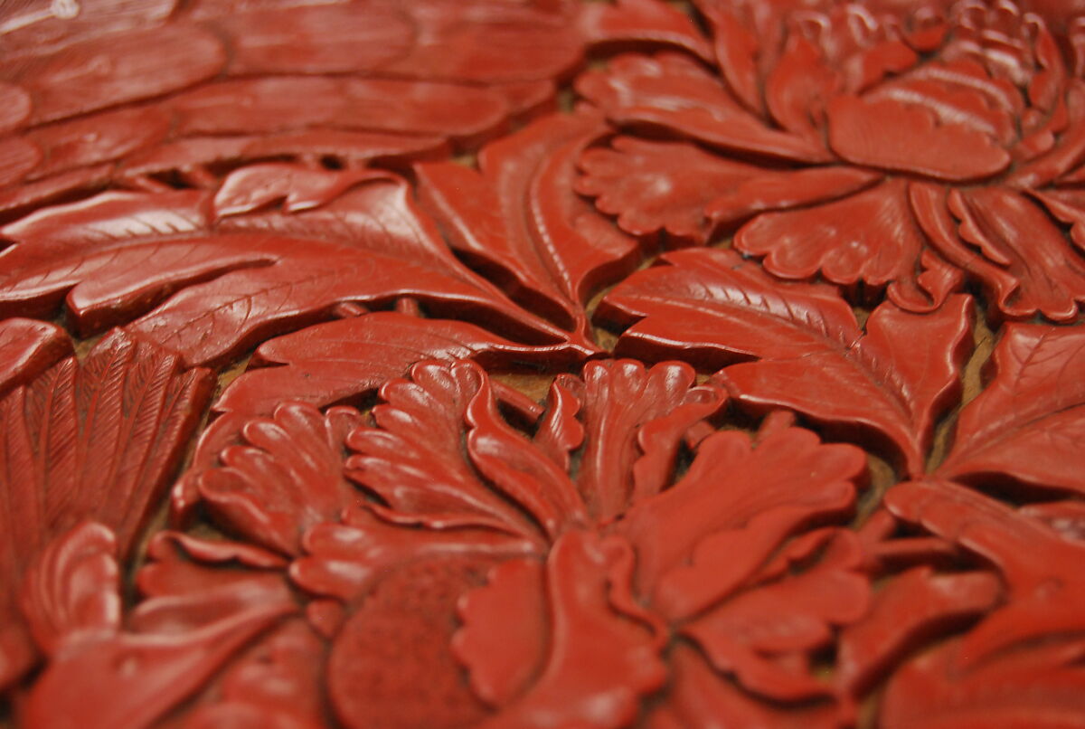 Dish with peafowls and peonies, Carved red lacquer, China