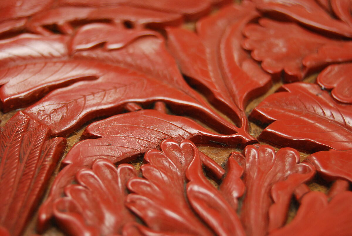 Dish with peafowls and peonies, Carved red lacquer, China