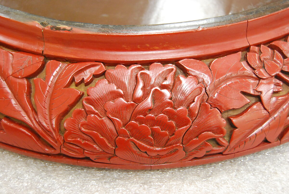 Dish with peafowls and peonies, Carved red lacquer, China