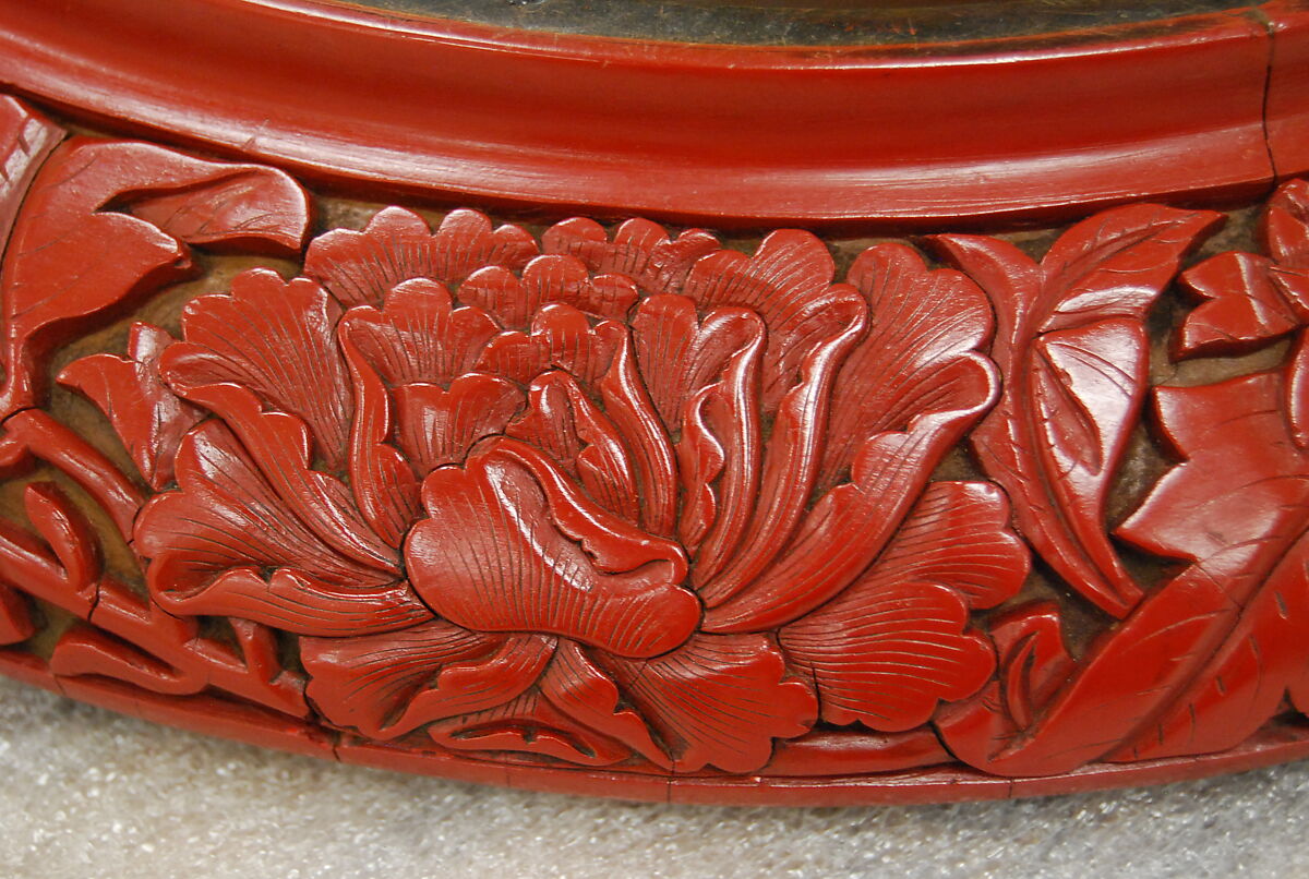 Dish with peafowls and peonies, Carved red lacquer, China