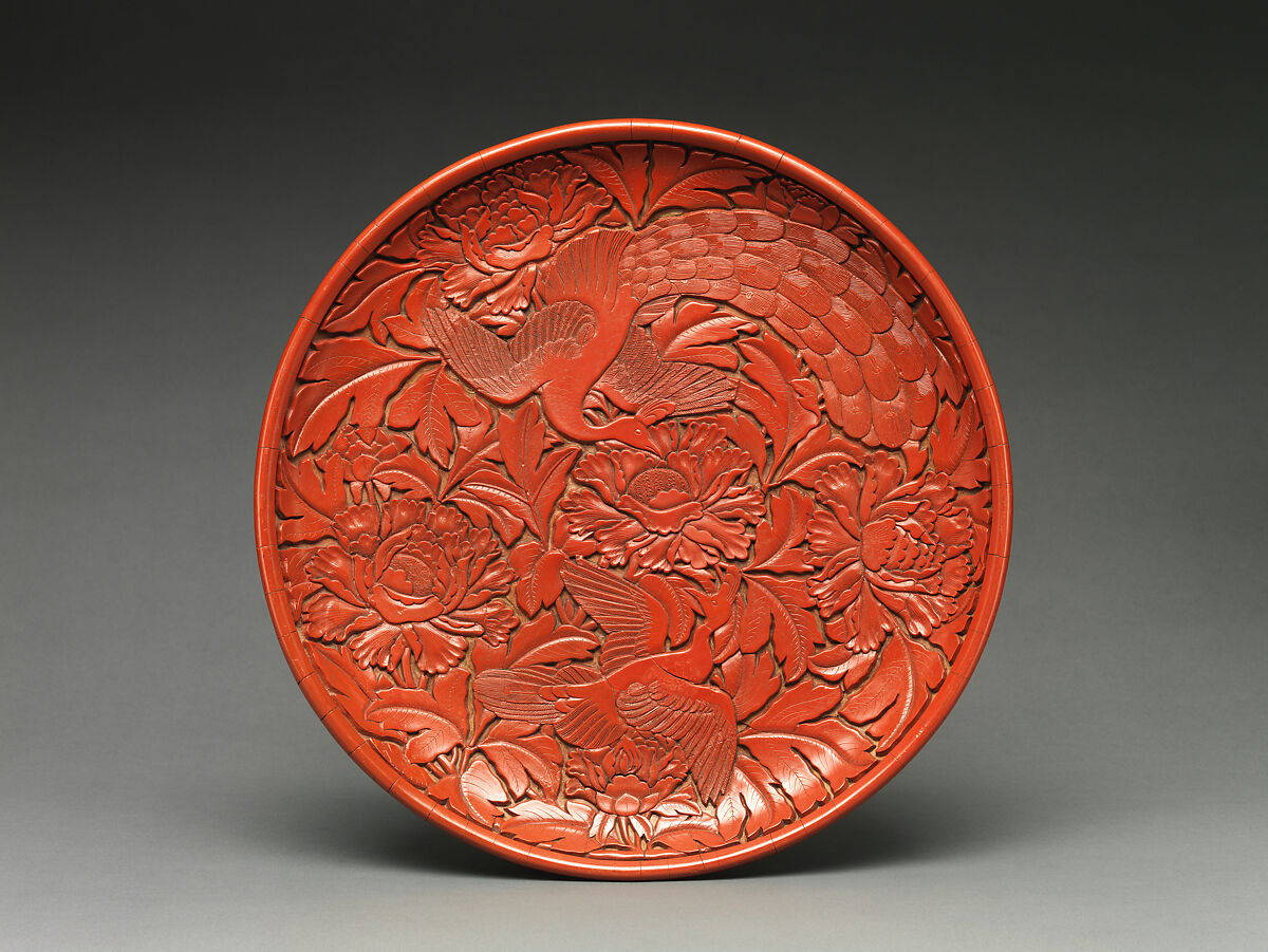 Dish with peafowls and peonies, Carved red lacquer, China 