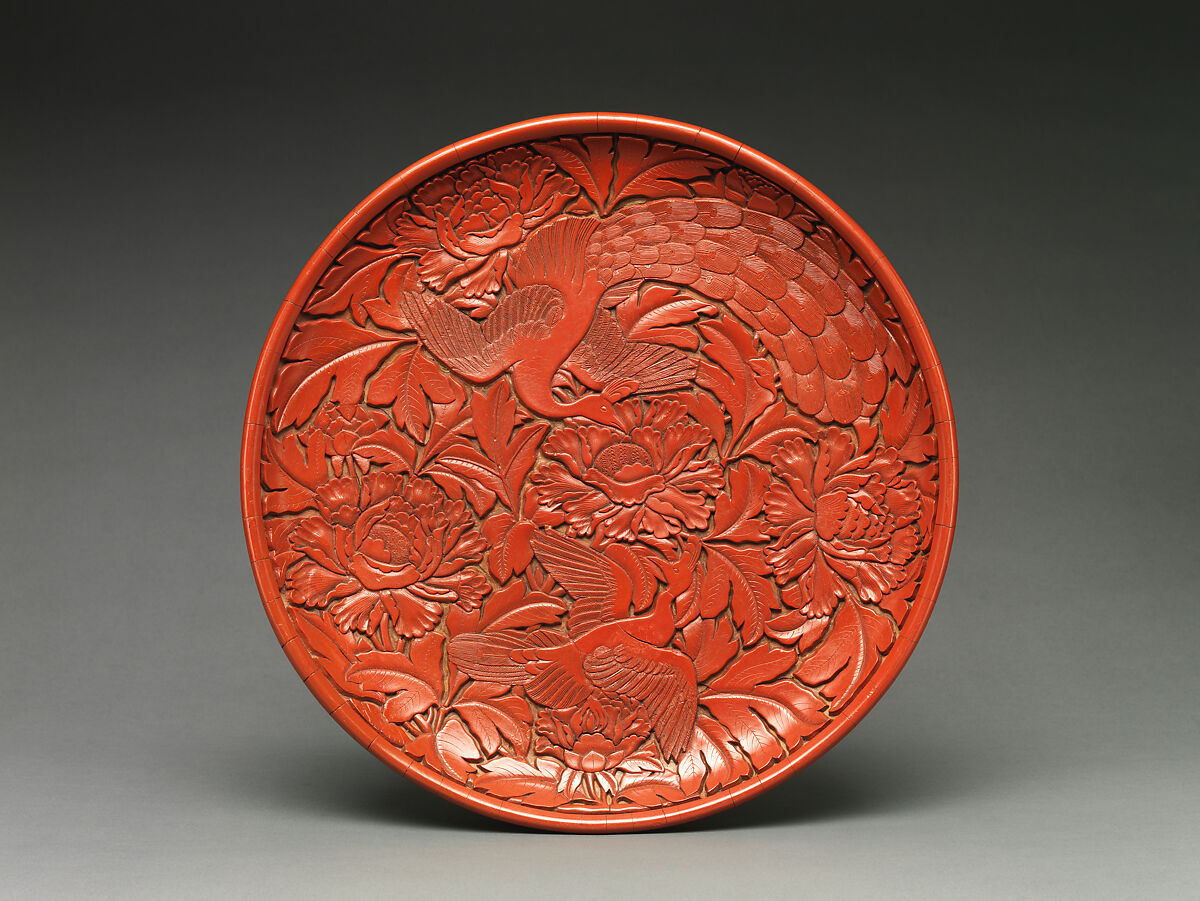 Dish with peafowls and peonies, Carved red lacquer, China