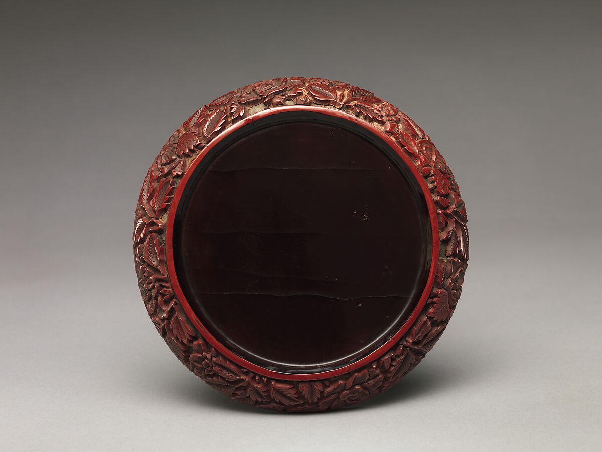 Pair of dishes with peonies and lotuses, Carved red lacquer, China