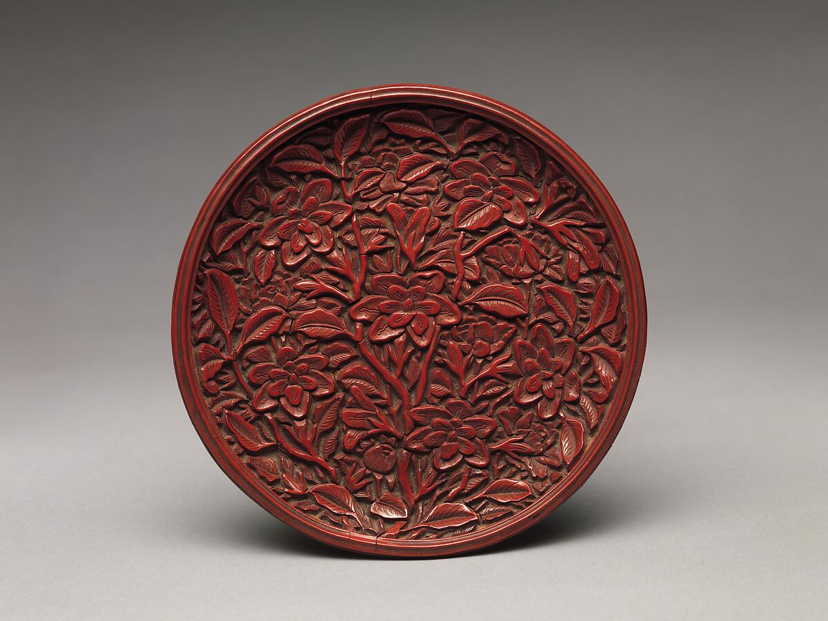 Pair of dishes with peonies and lotuses, Carved red lacquer, China