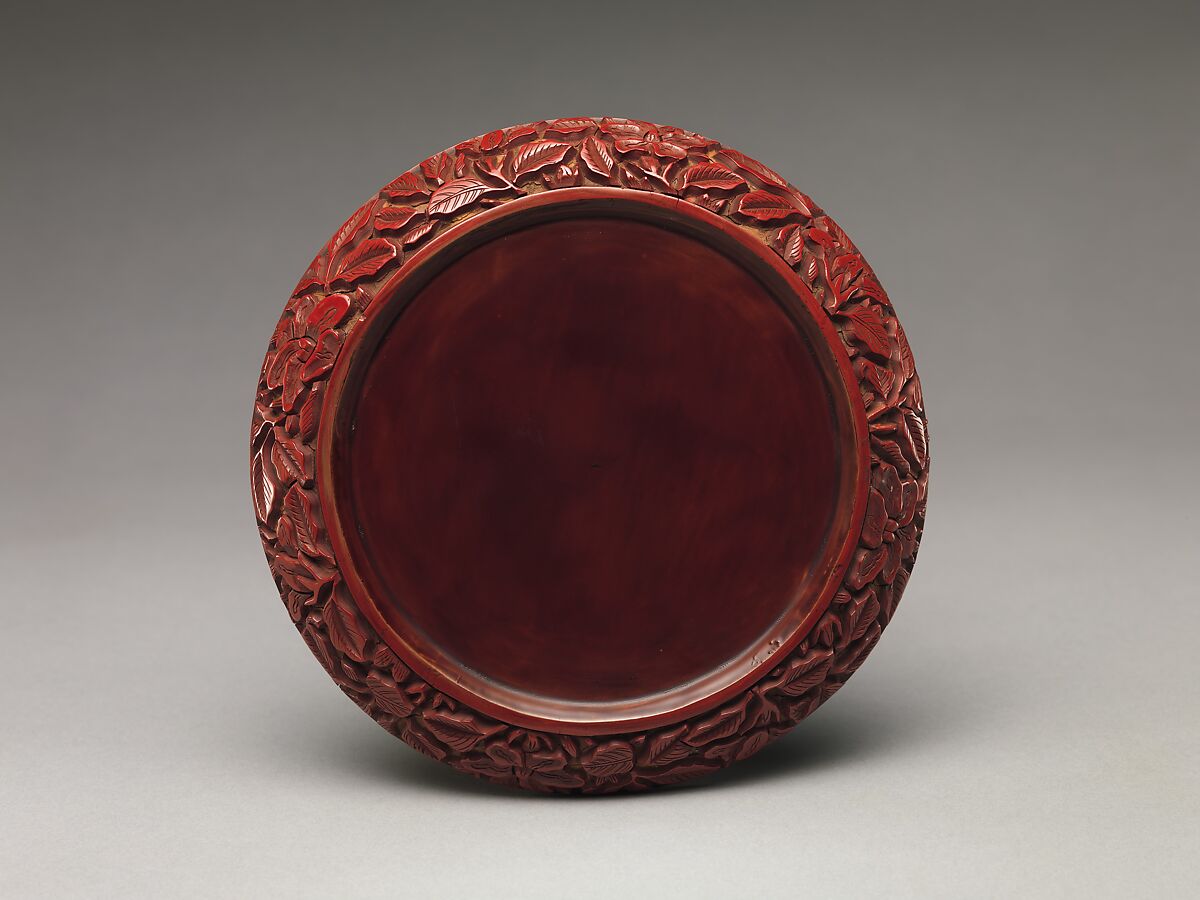 Pair of dishes with peonies and lotuses, Carved red lacquer, China