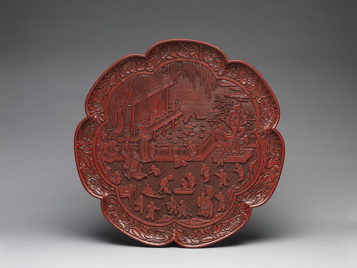Tray with women and boys on a garden terrace, Carved red lacquer, China 