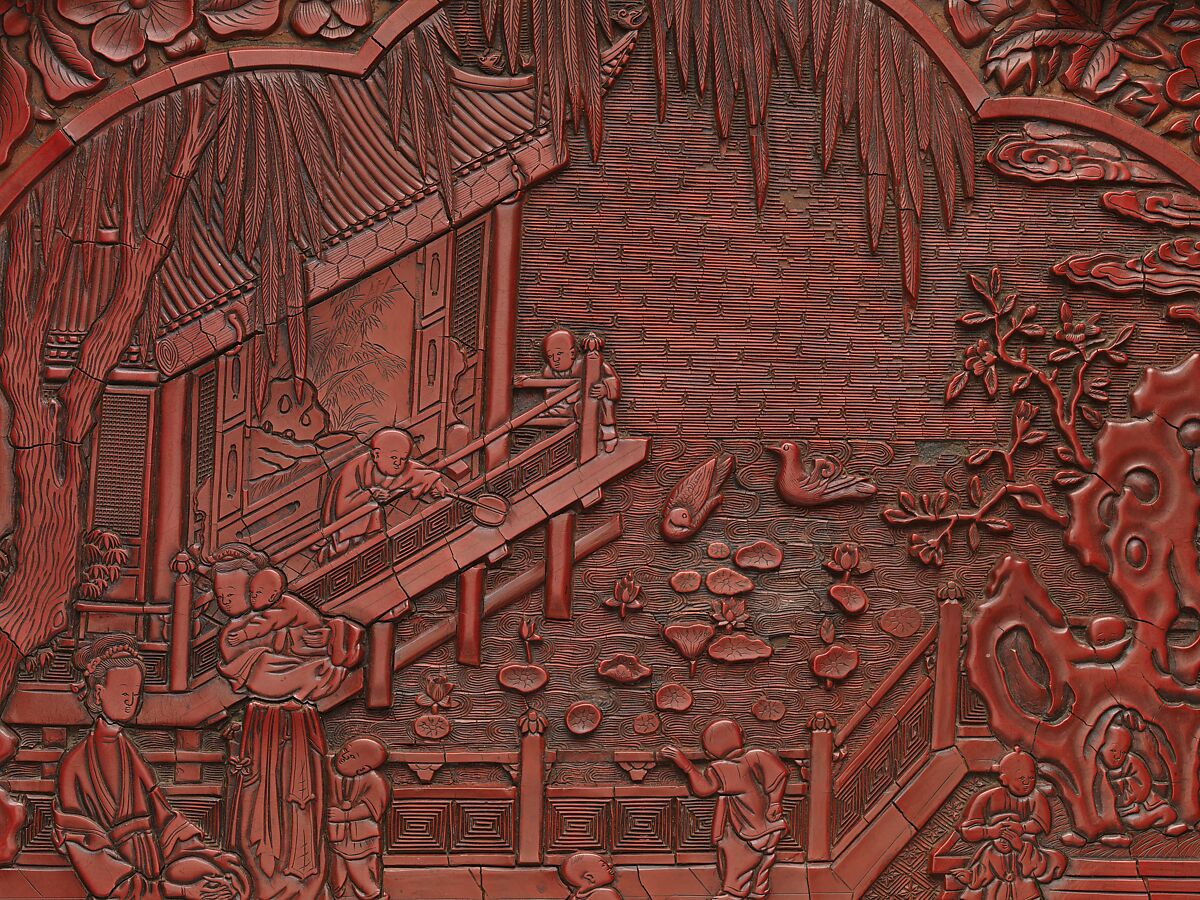 Tray with women and boys on a garden terrace, Carved red lacquer, China