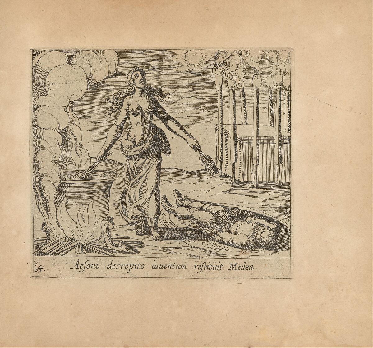 Medea Restoring Aeson's Youth (Aesoni decerptio iuventam restituit Medea), from The Metamorphoses of Ovid (Metamorphosean Sive Transformationum), plate 64, Antonio Tempesta  Italian, Etching