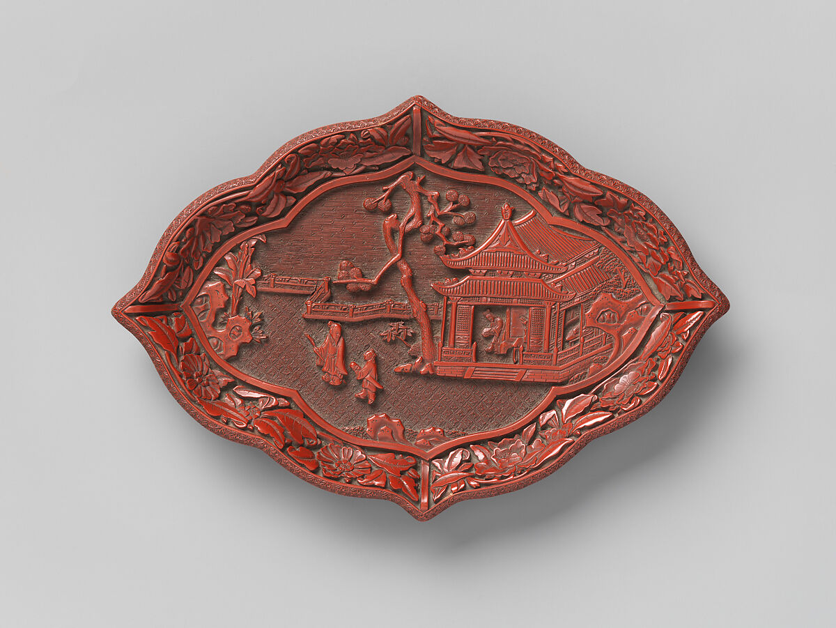 Lozenge-shaped dish with garden scene, Carved red lacquer, China 