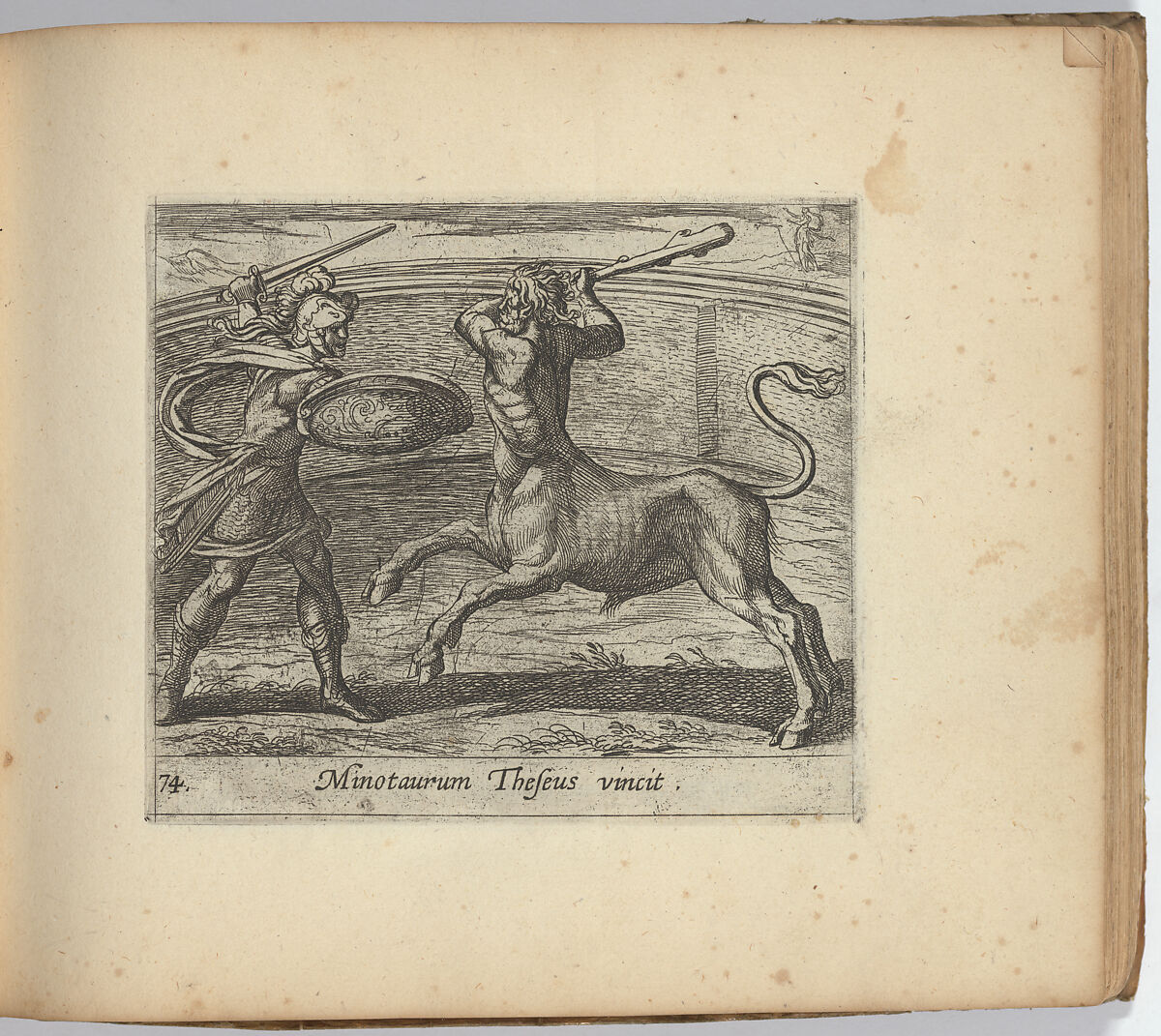 Theseus and the Minotaur (Minotaurum Theseus vincit), from The Metamorphoses of Ovid (Metamorphosean Sive Transformationum), plate 74, Antonio Tempesta (Italian, Florence 1555–1630 Rome), Etching 