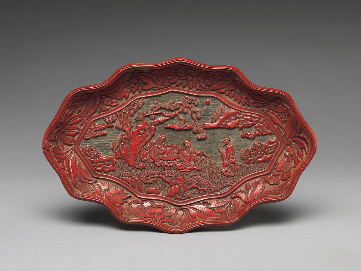 Dish with immortals playing weiqi, Carved red and green lacquer, China 
