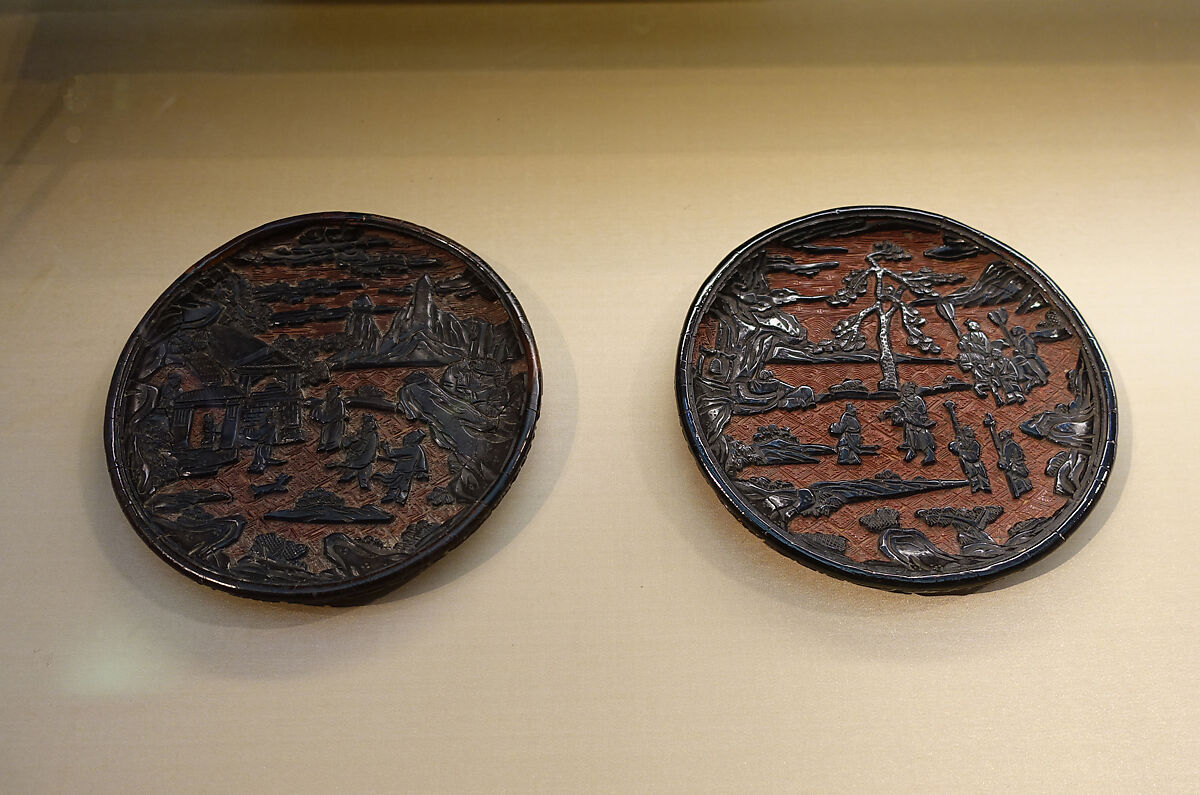 Pair of dishes with scenes from Romance of the Three Kingdoms, Carved red and black lacquer, China 