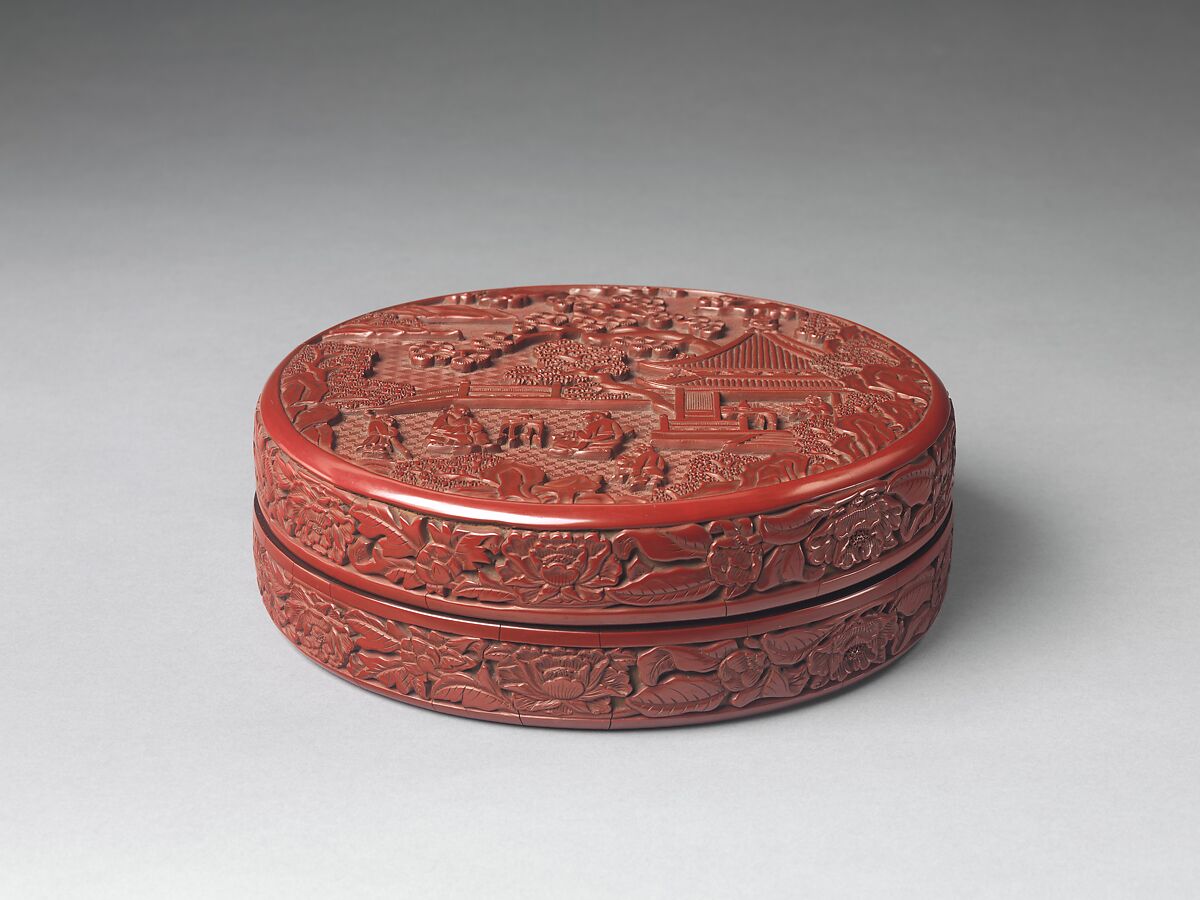 Box with scene of a zither (qin) gathering, Carved red lacquer, China 