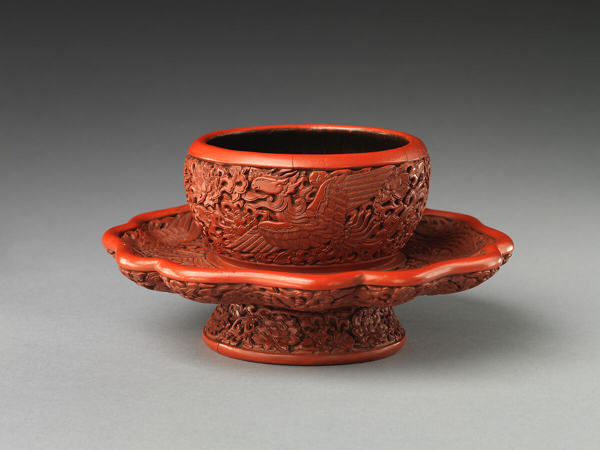 Tea-bowl stand with phoenixes amid flowers, Carved red lacquer, China 