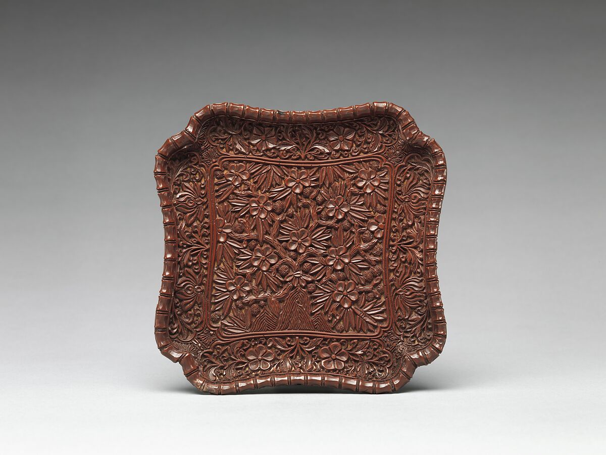 Dish with the Three Friends of Winter, Carved brown lacquer, China 