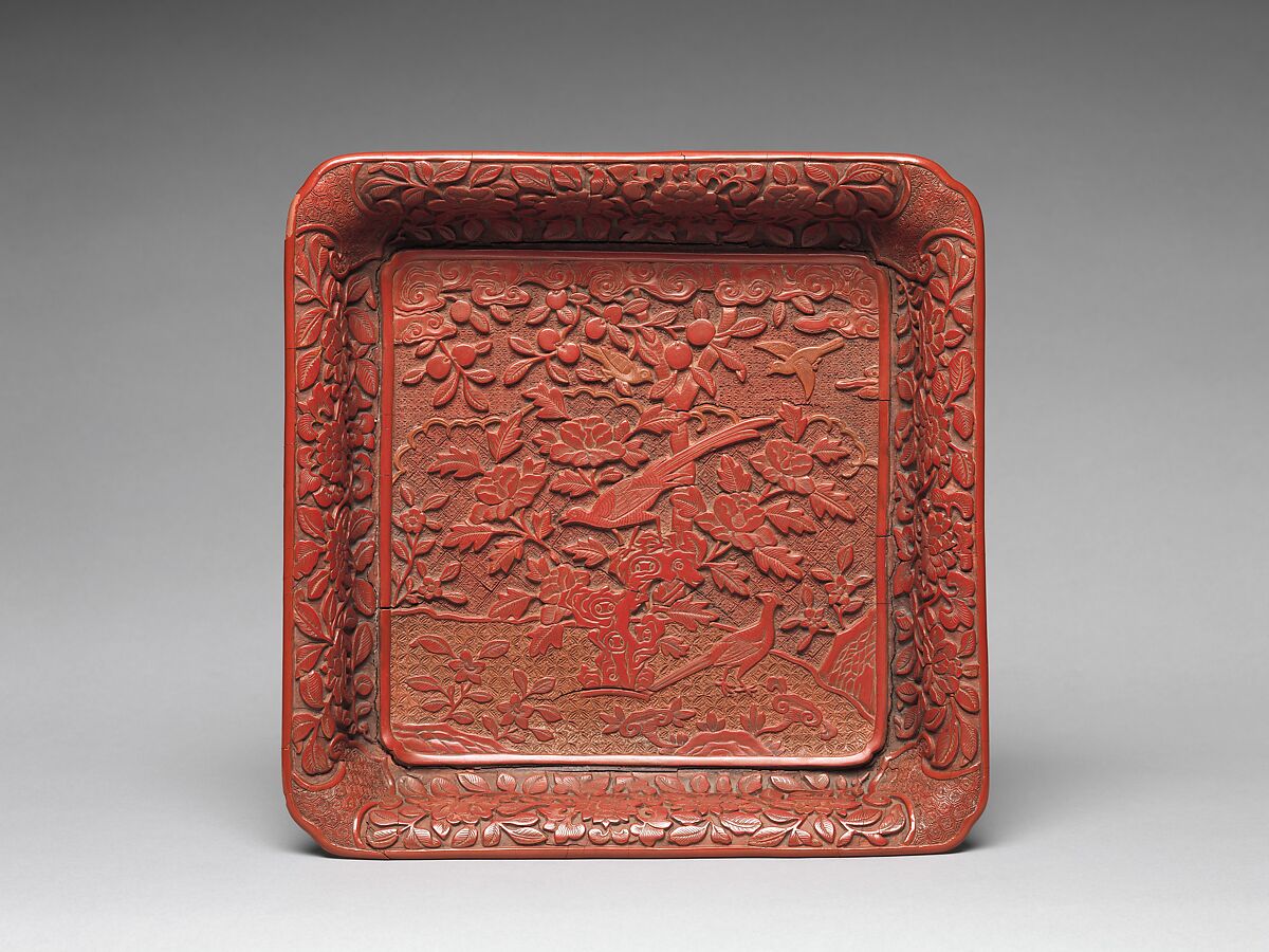 Square tray with birds in a garden, Carved red and yellow lacquer, China 