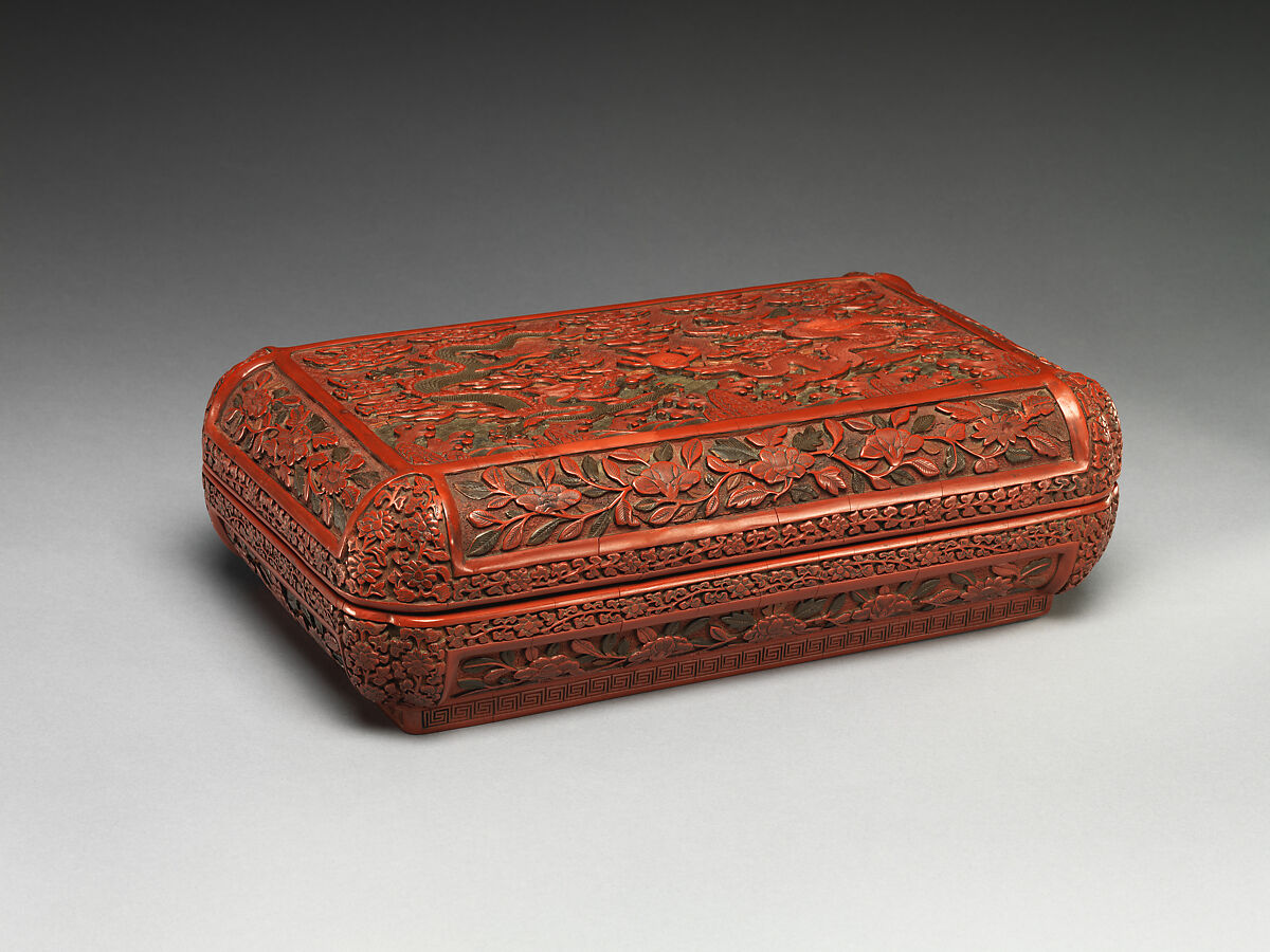 Rectangular box with double dragons, Carved red, black, yellow, and green lacquer, China 