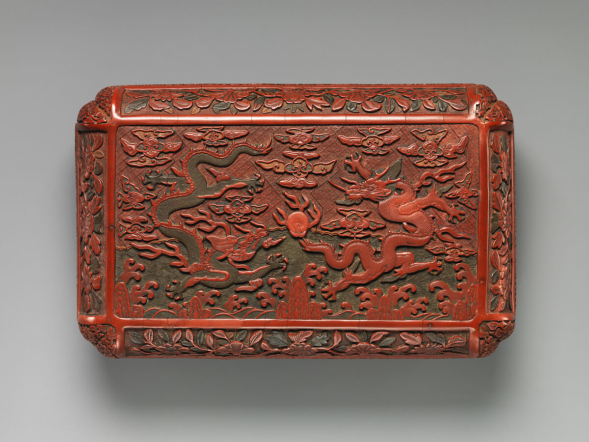 Rectangular box with double dragons, Carved red, black, yellow, and green lacquer, China
