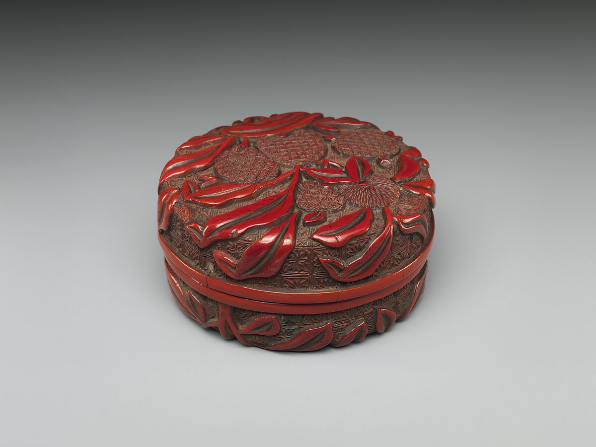 Box with lychees, Carved red and black lacquer, China 