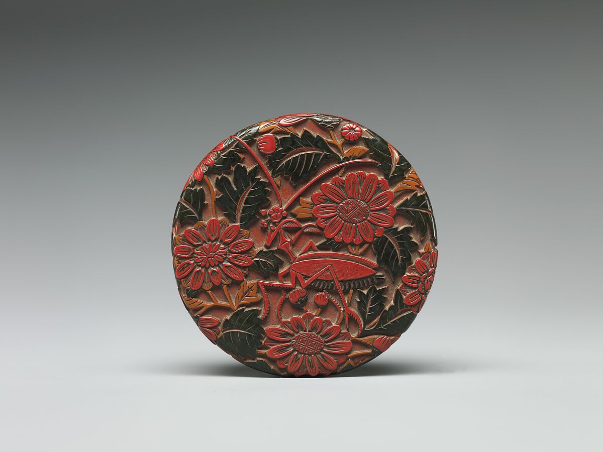 Box with chrysanthemum and praying mantis, Carved red and black lacquer, China