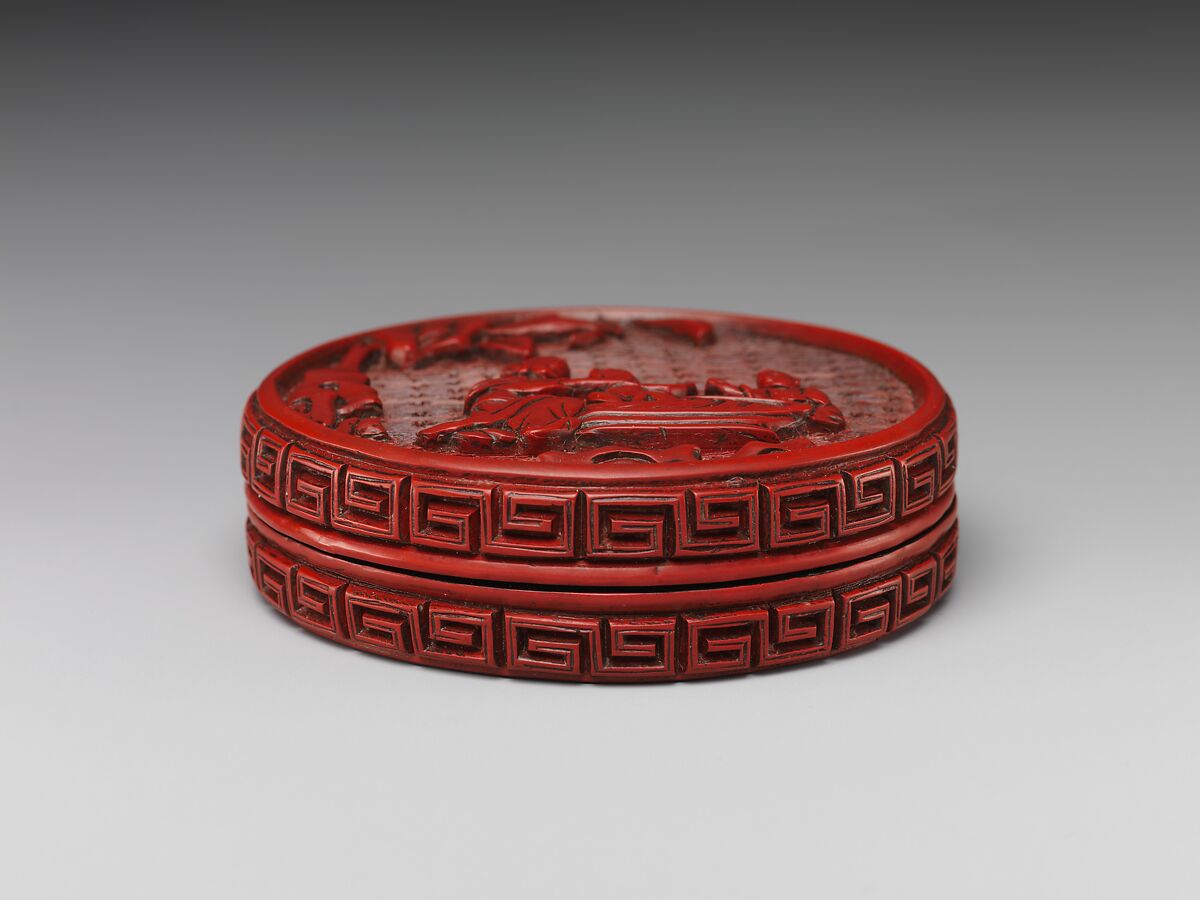 Box with scene of bathing children, Carved red lacquer, China 