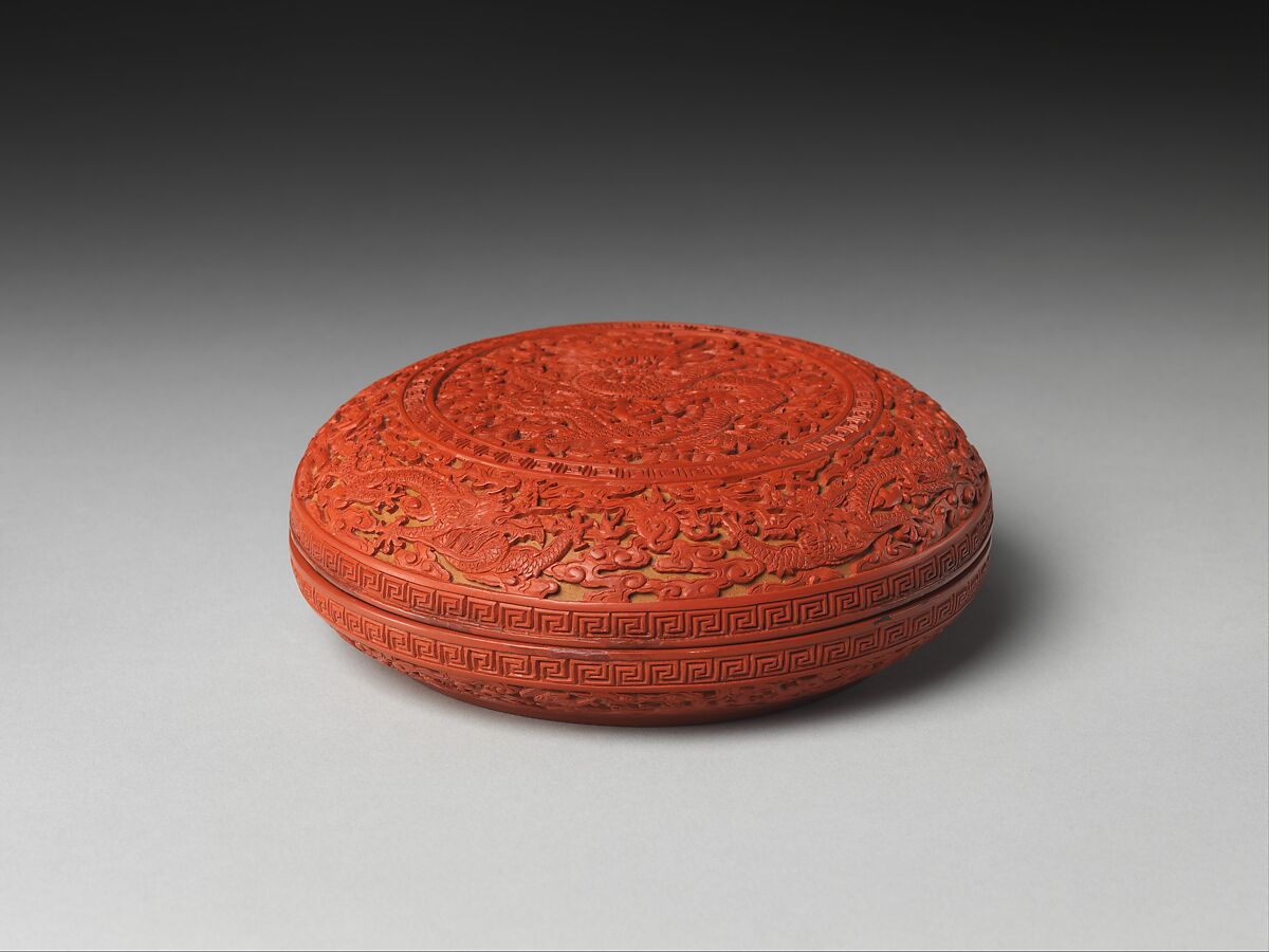 Box with dragons in clouds, Carved red lacquer, China 