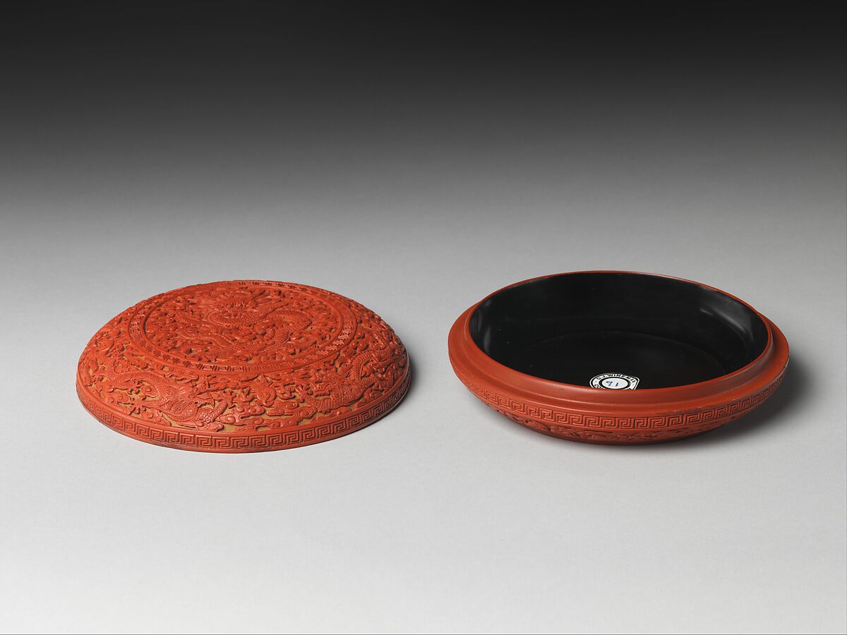 Box with dragons in clouds, Carved red lacquer, China