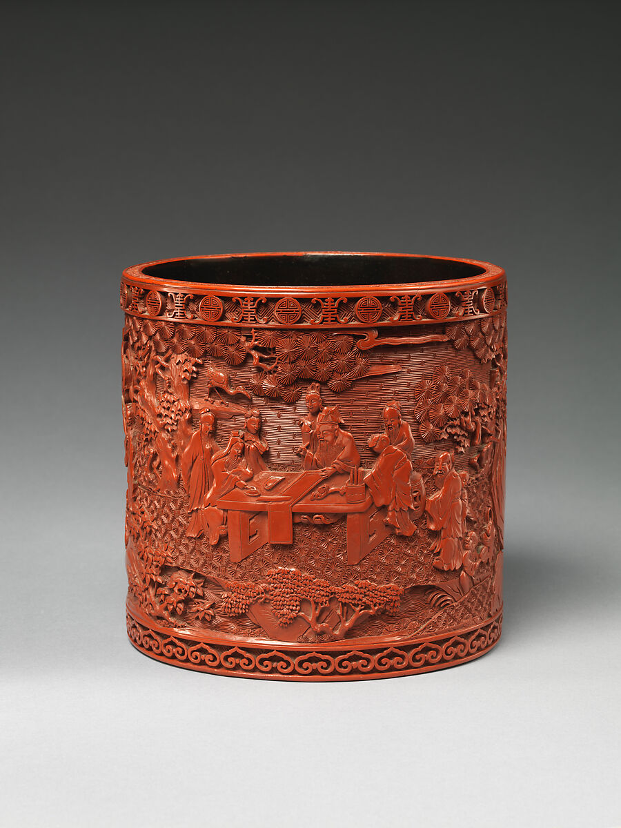 Brush holder with scholars in a garden, Carved red lacquer, China 