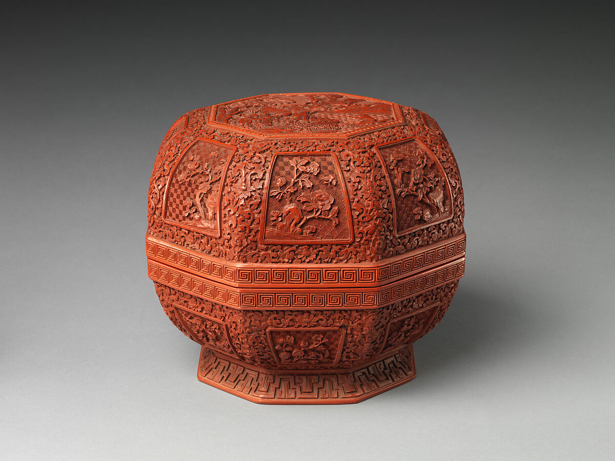 Octagonal box with scene of immortals, Carved red lacquer, China 