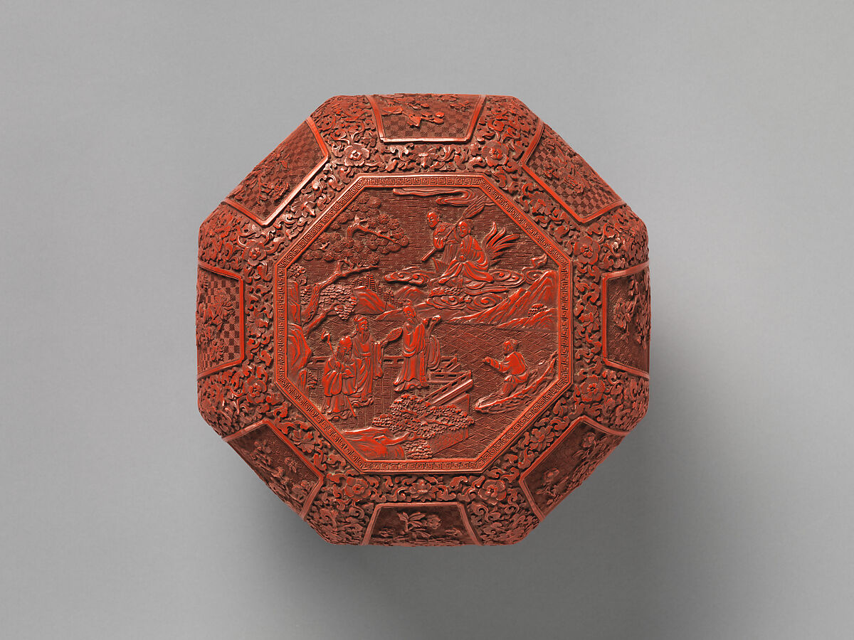 Octagonal box with scene of immortals, Carved red lacquer, China