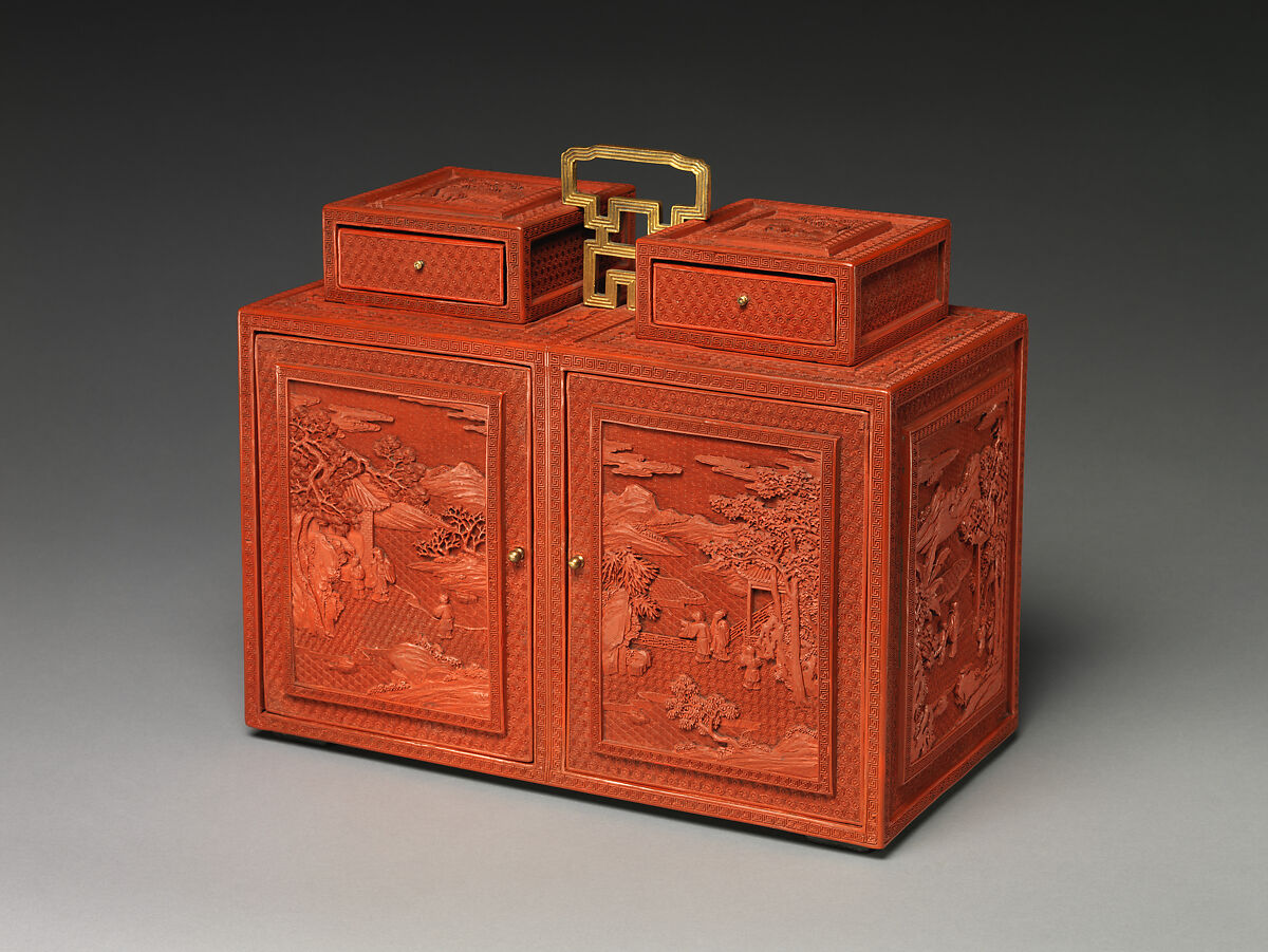 Cabinet with figures in a landscape, Carved red lacquer; gilt bronze fittings, China 