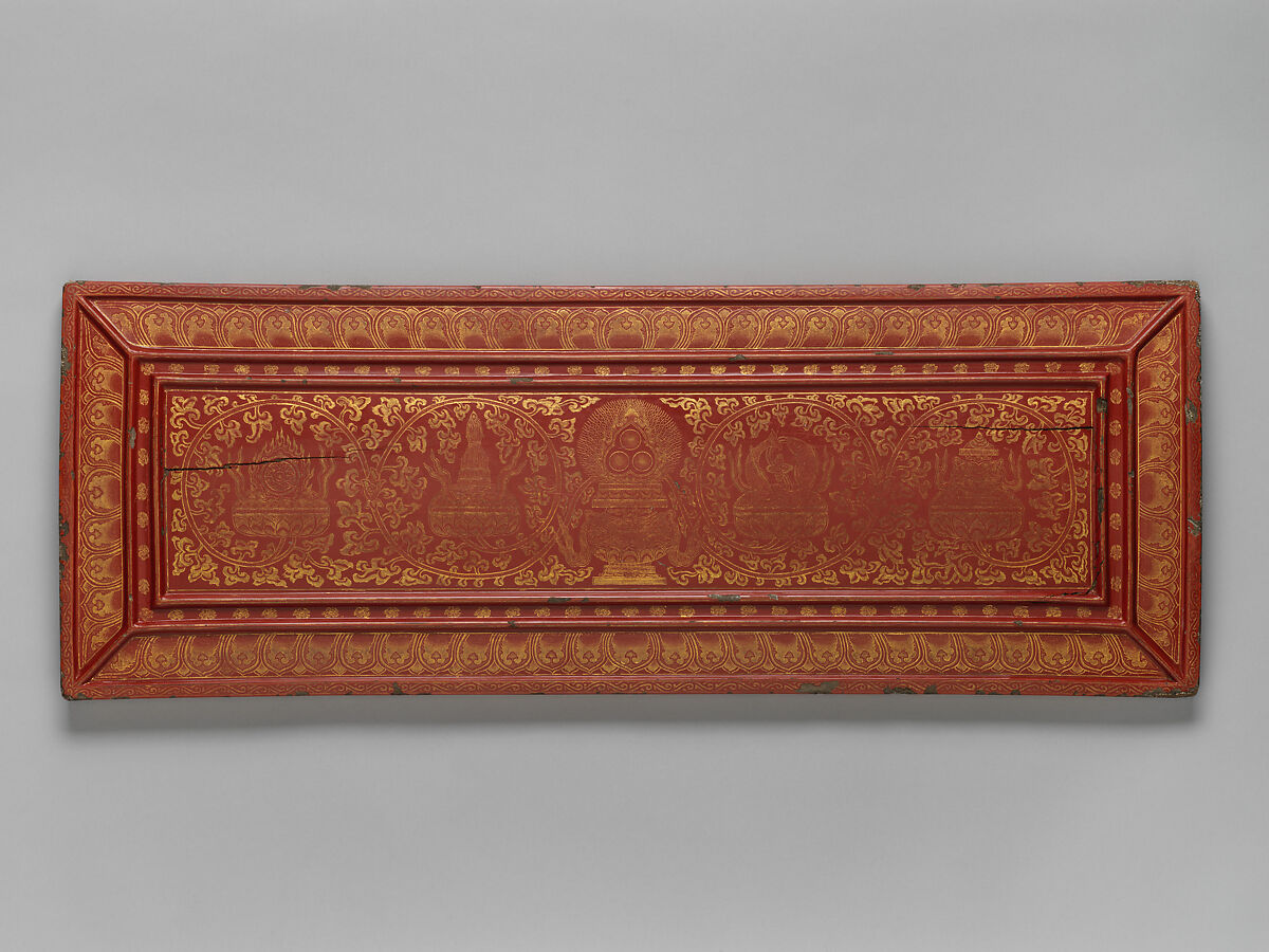 Sutra Covers with the Eight Buddhist Treasures, Red lacquer, incised decoration, gold inlay , China