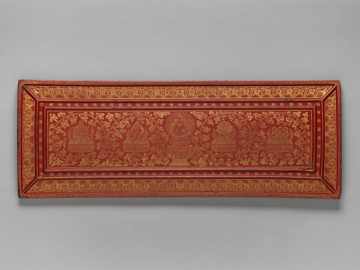 Sutra Covers with the Eight Buddhist Treasures, Red lacquer, incised decoration, gold inlay , China