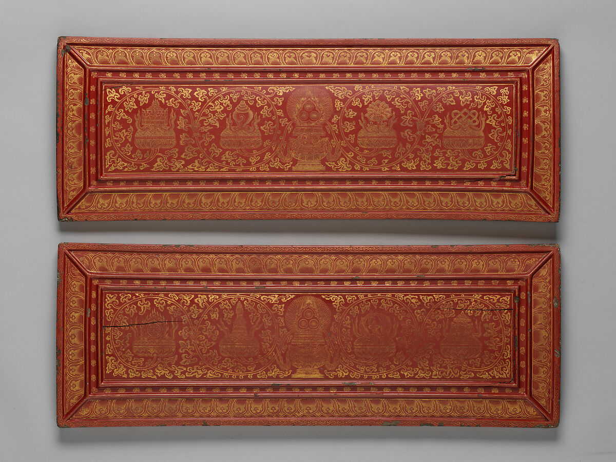Sutra Covers with the Eight Buddhist Treasures, Red lacquer with incised decoration inlaid with gold , China 