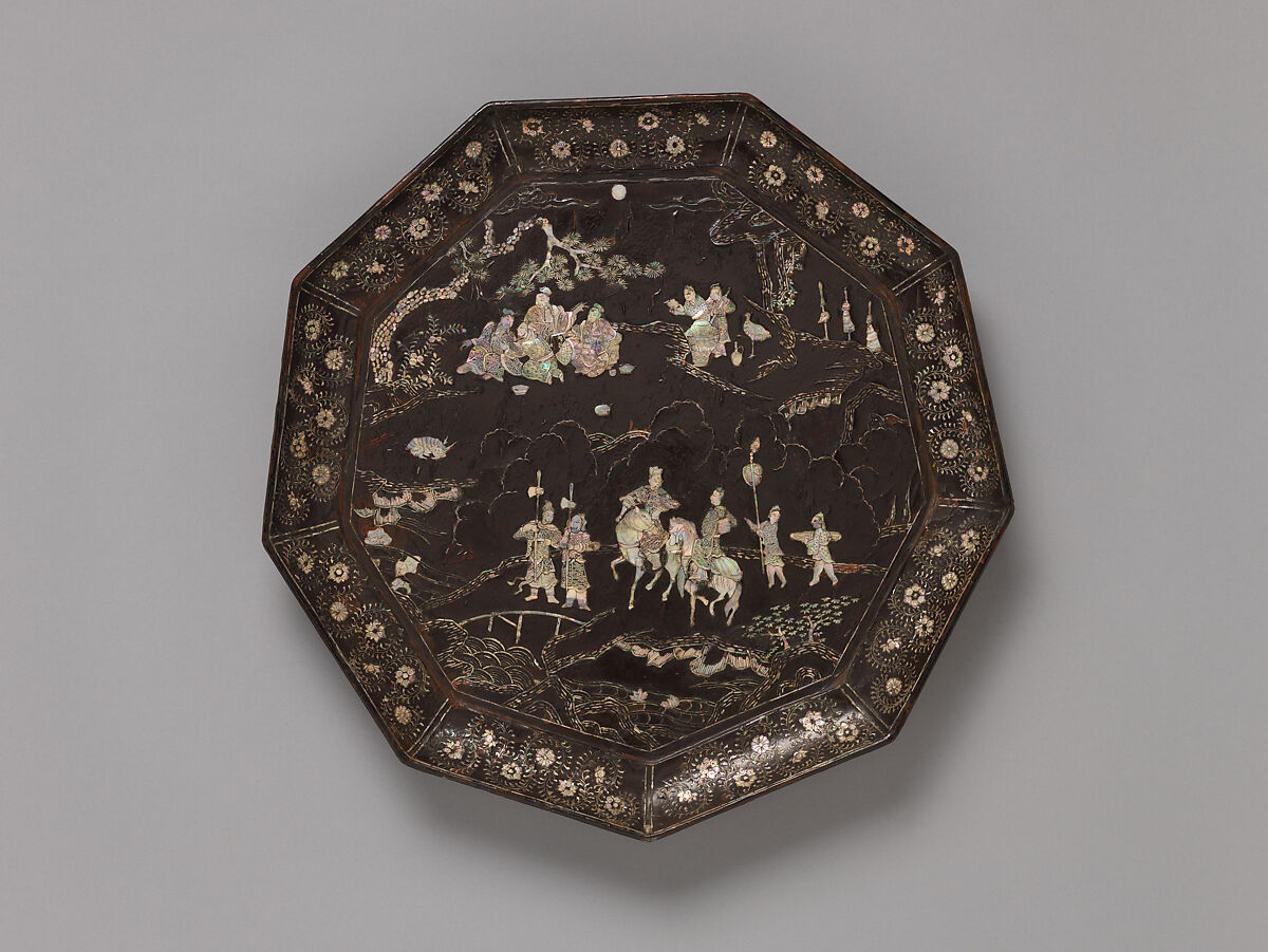 Tray with figures in a landscape, Black lacquer with inlaid mother-of-pearl, China 