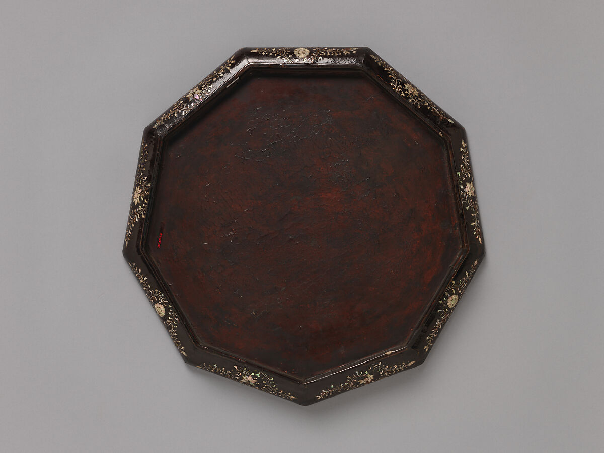 Tray with figures in a landscape, Black lacquer with inlaid mother-of-pearl, China