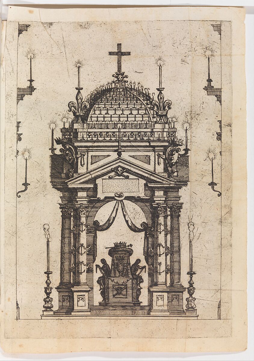 Catafulque for Fernando I, Duke of Tuscany, from Descritione dell'Esequie fatte in Roma dalla Natione Fiorentina al Serenissimo Ferdinando III Gran Duca di Toscana Il dì  22 di Giugno 1609, Published by Giacomo Mascardi  , Rome, Etching 