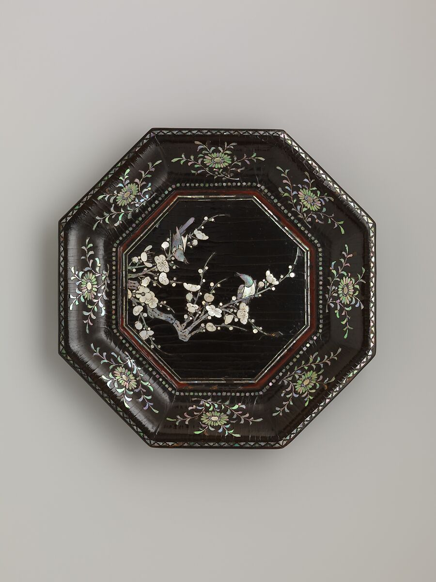 Dish with Flowering Plum and Birds, Black lacquer with mother-of-pearl inlay, China 
