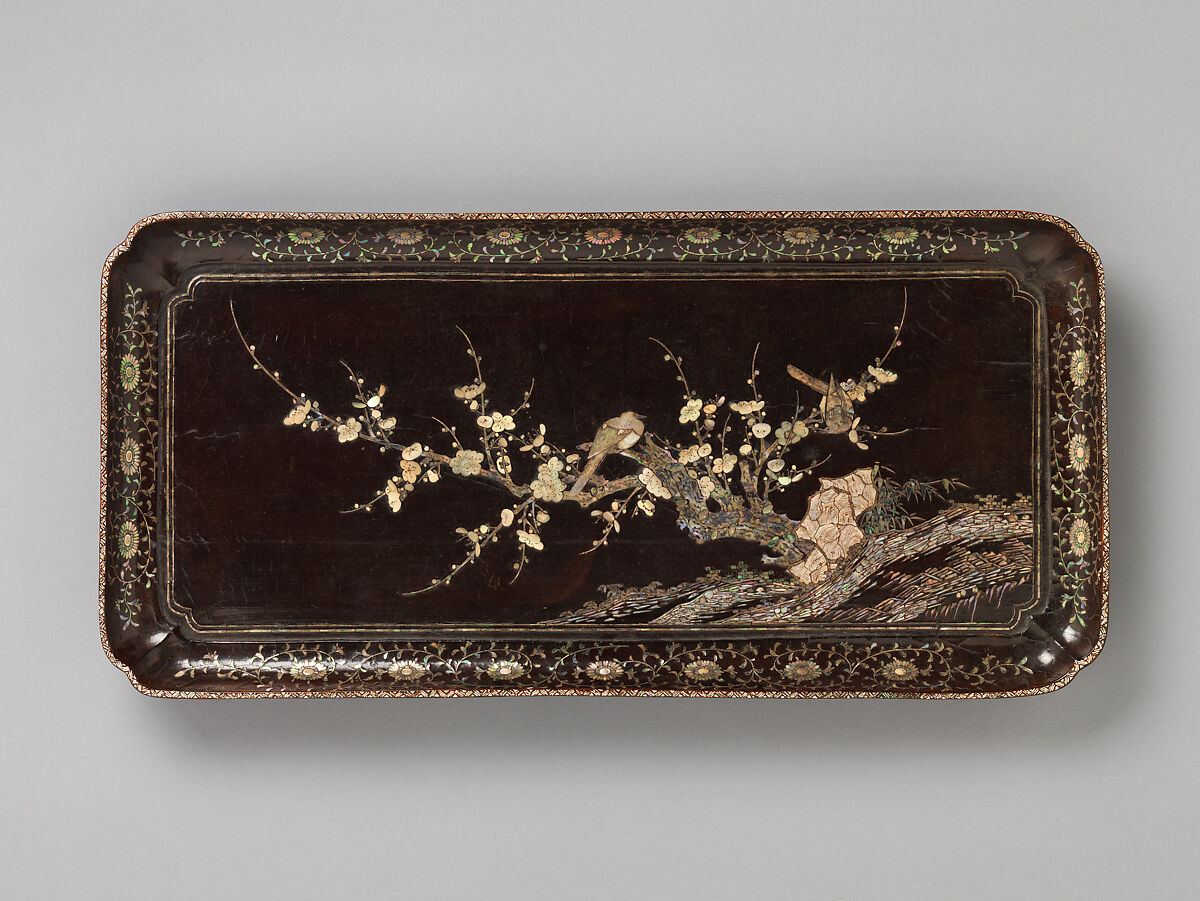 Rectangular tray with flowering plums and birds, Black lacquer with mother-of-pearl inlay, China 